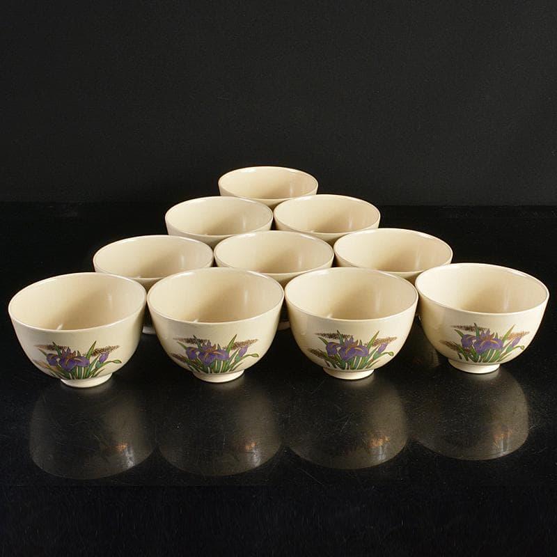 anko　鈴木清安作　色絵金彩　仁清菖蒲文数茶碗十客共箱　V　R7058B