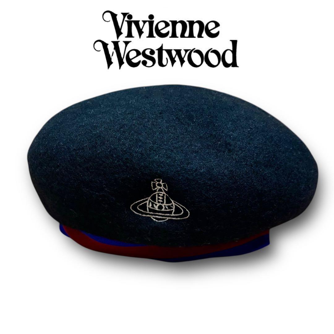 美品 Vivienne westwood オーブ 刺繍 ベレー帽 ブラック