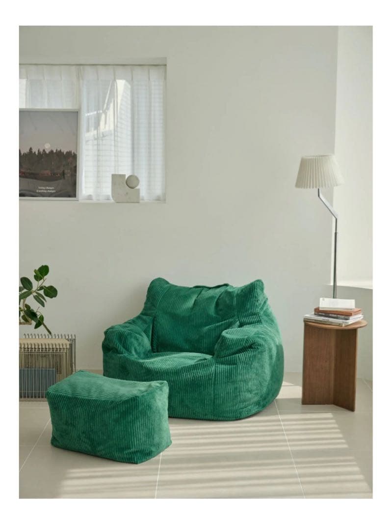 HUGME 1人掛けビーズソファ グリーン(オットマンつき)
