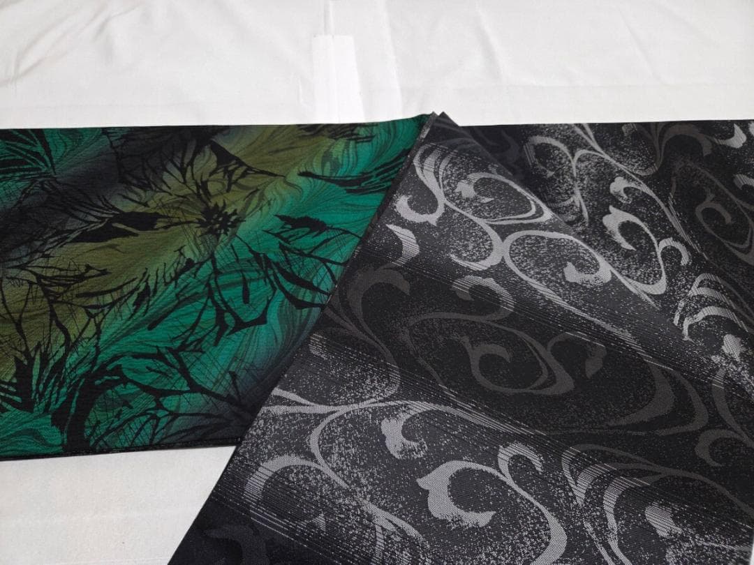 I2 シックな花模様 黒 緑 モダン ガード加工 全通 正絹 袋帯 O10