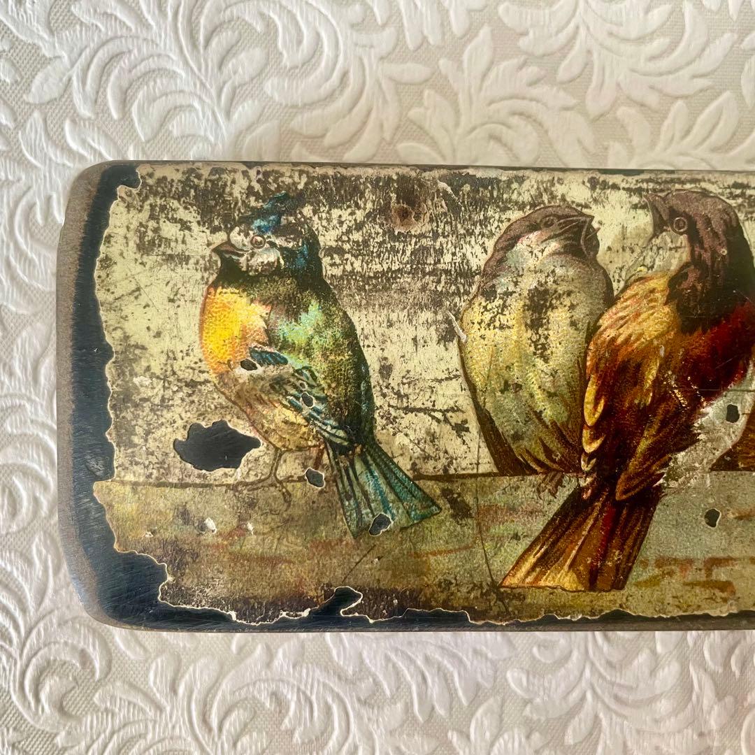 パピエマシェ小鳥柄ペンケース 筆箱　フランスアンティーク 雀　スズメ　バード