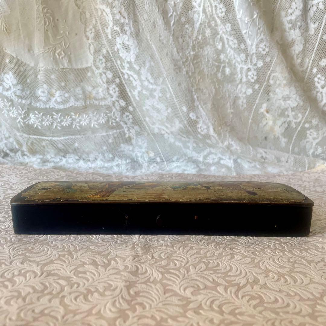 パピエマシェ小鳥柄ペンケース 筆箱　フランスアンティーク 雀　スズメ　バード