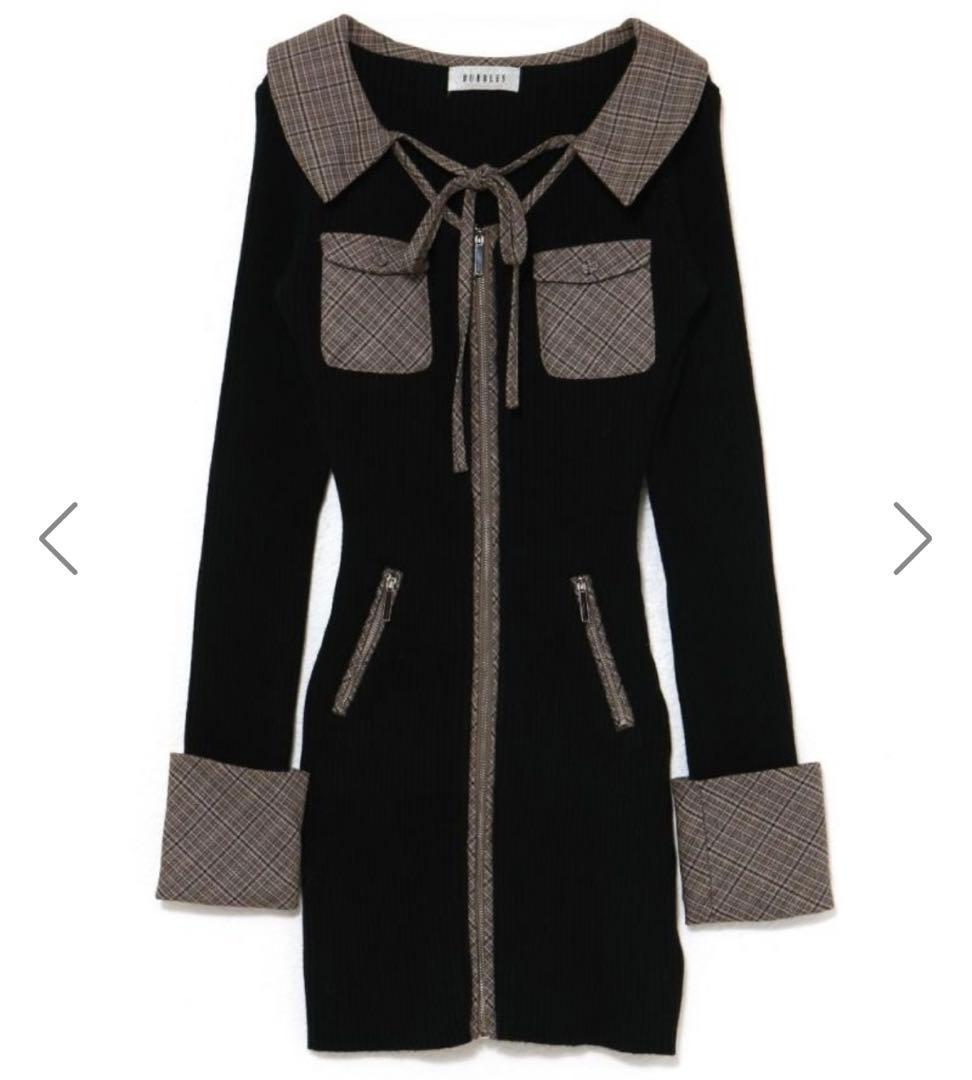 bubbles フロントジップニットワンピース ミニワンピース ブラック