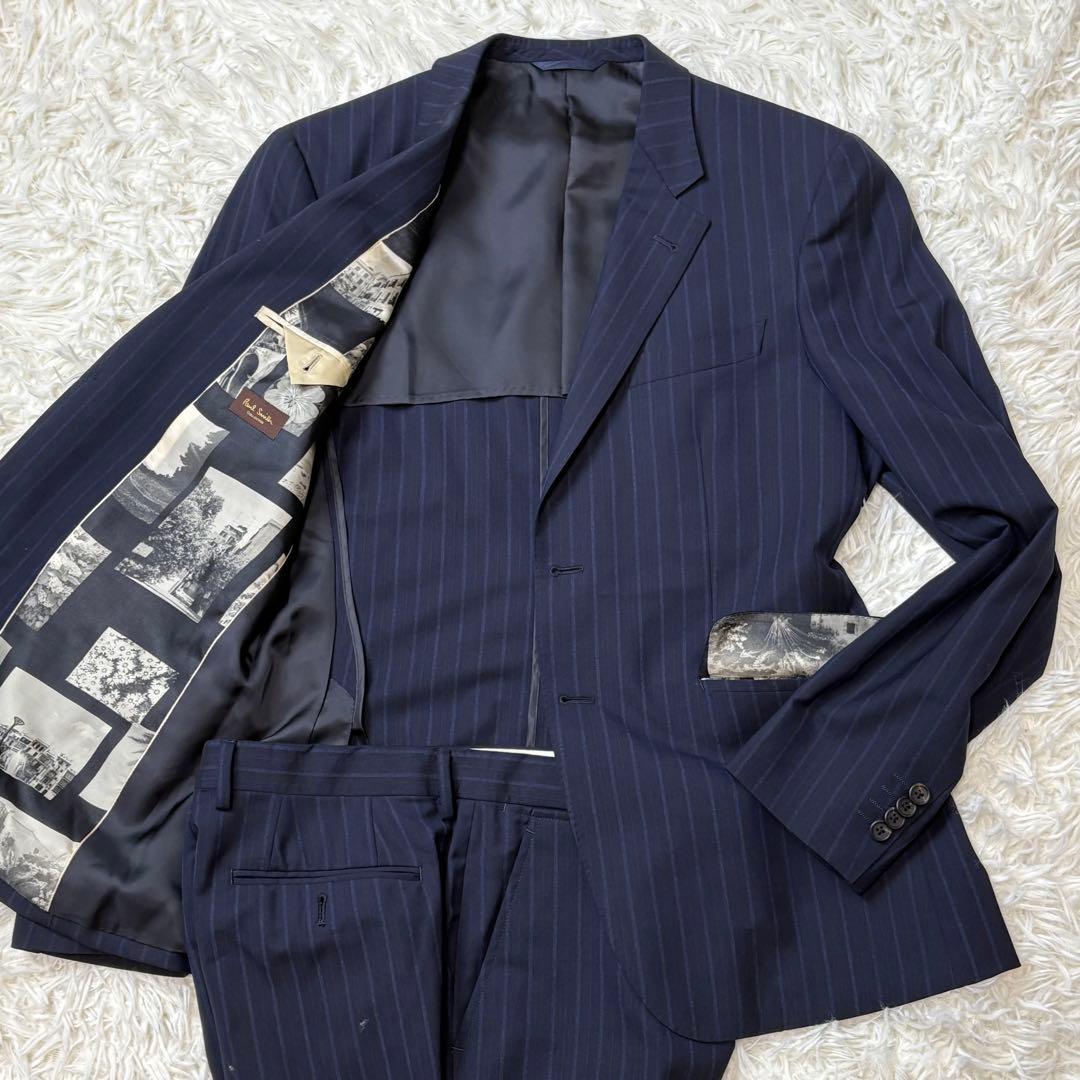 Paul Smith ポールスミス スーツ シルク混 ストライプ ネイビー XL