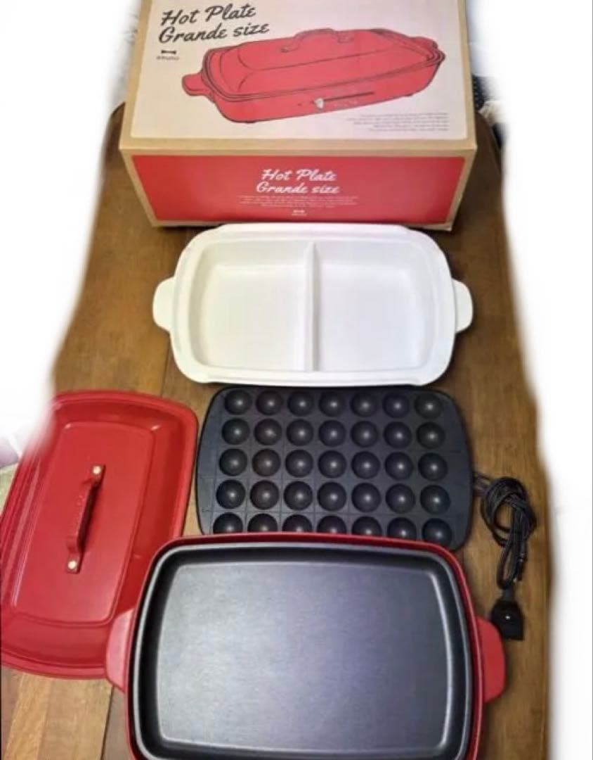 数回使用BRUNOブルーノホットプレート赤たこ焼平面プレート新品仕切り鍋セット