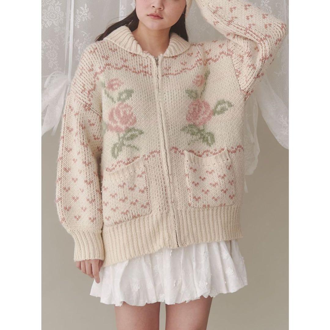 【美品】Y043 メリージェニー roseカウチンニット F ピンク ハート