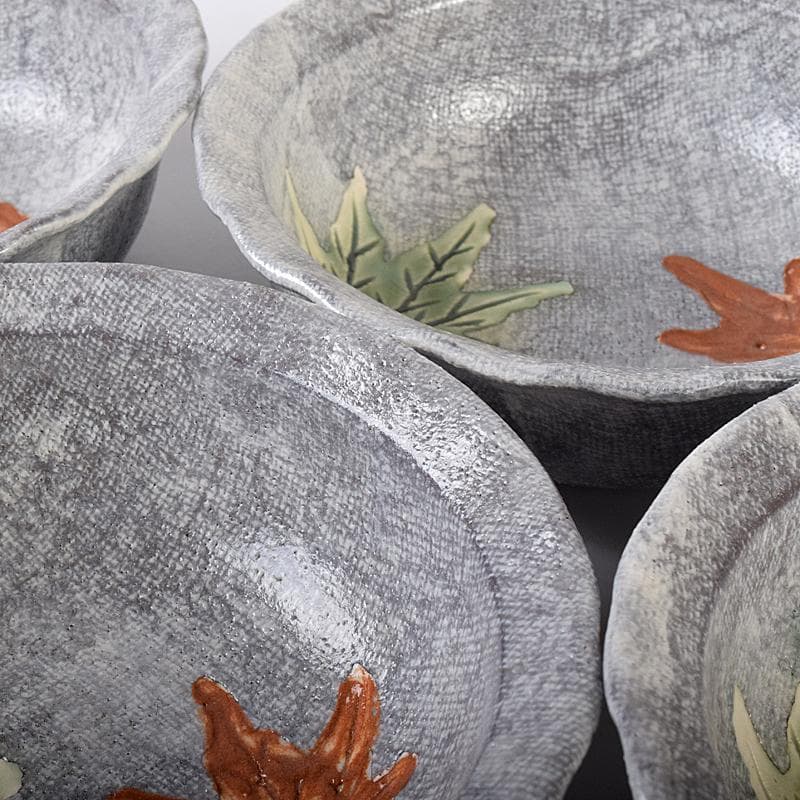 北大路魯山人作　布目紅葉小鉢　五客　共布　黒田陶々庵極め箱　F　R8458B