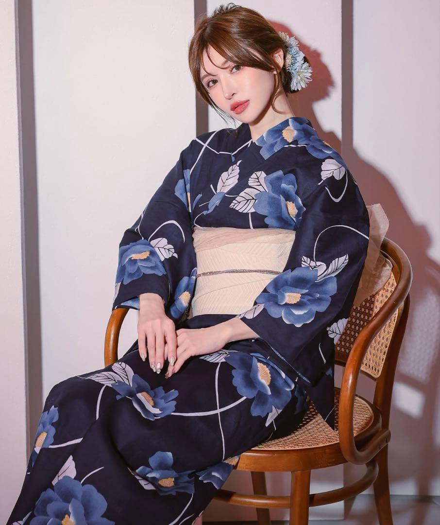 Retica浴衣セット レディース 紺地×青椿 ゆかた2点セット (浴衣 平帯)