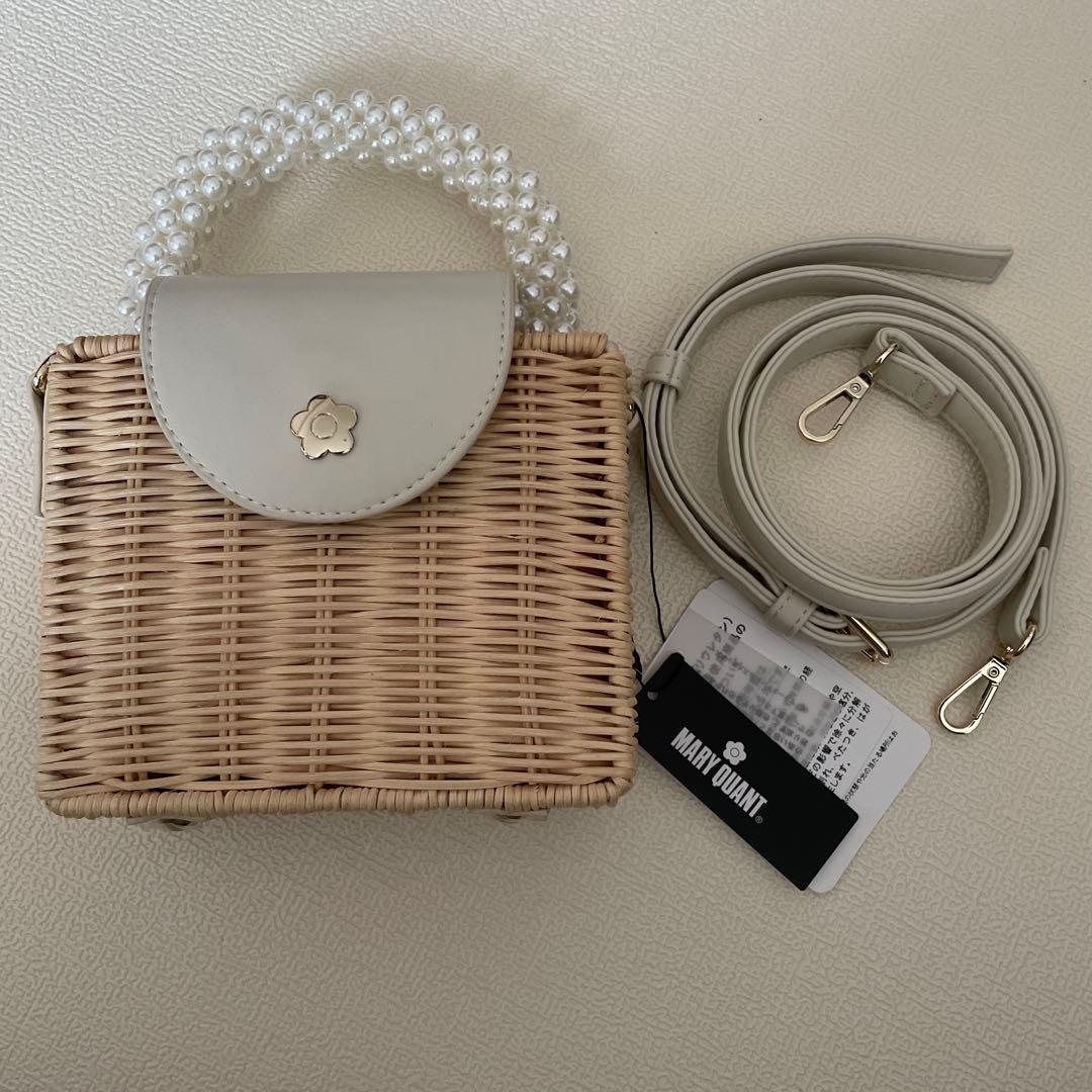 MARYQUANTマリークワント　パールラタン　アイボリーかご・ショルダーバッグ