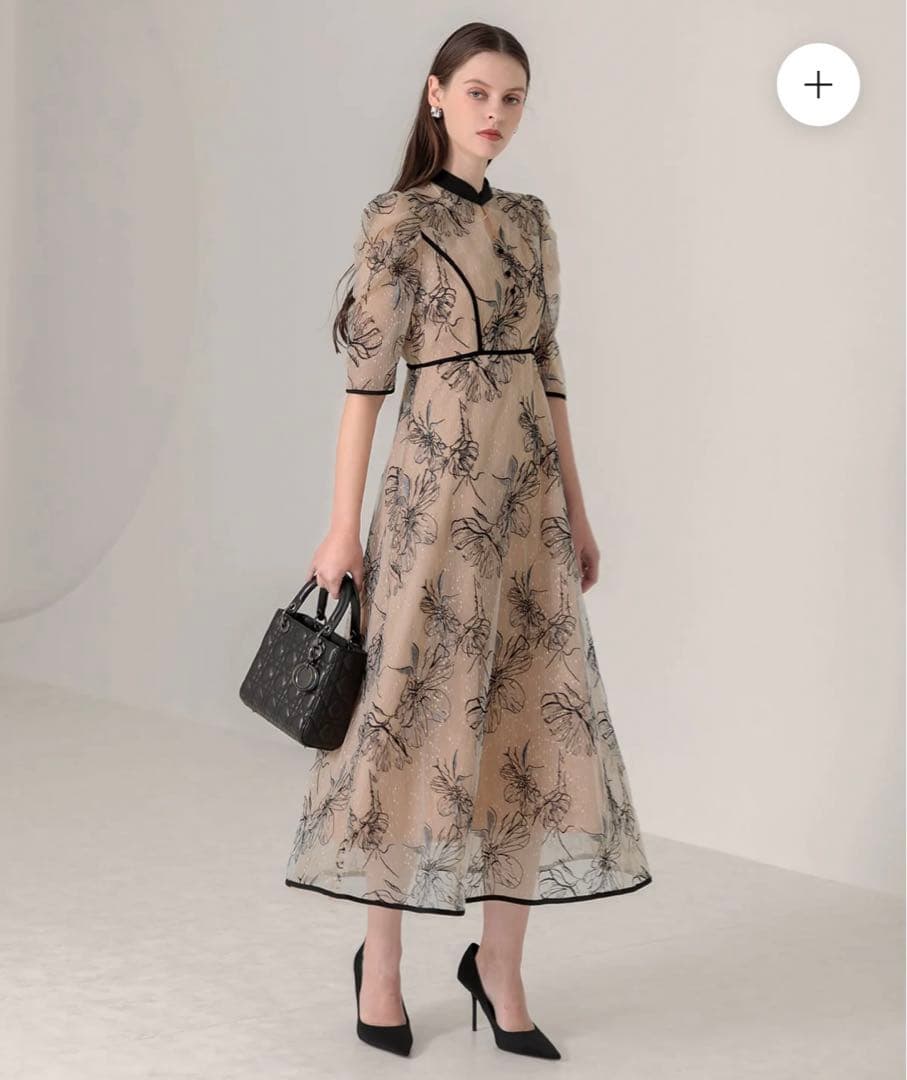 【Leja】配色パイピング プチハイネック 花柄刺繍 ラメレース ドレス 結婚式