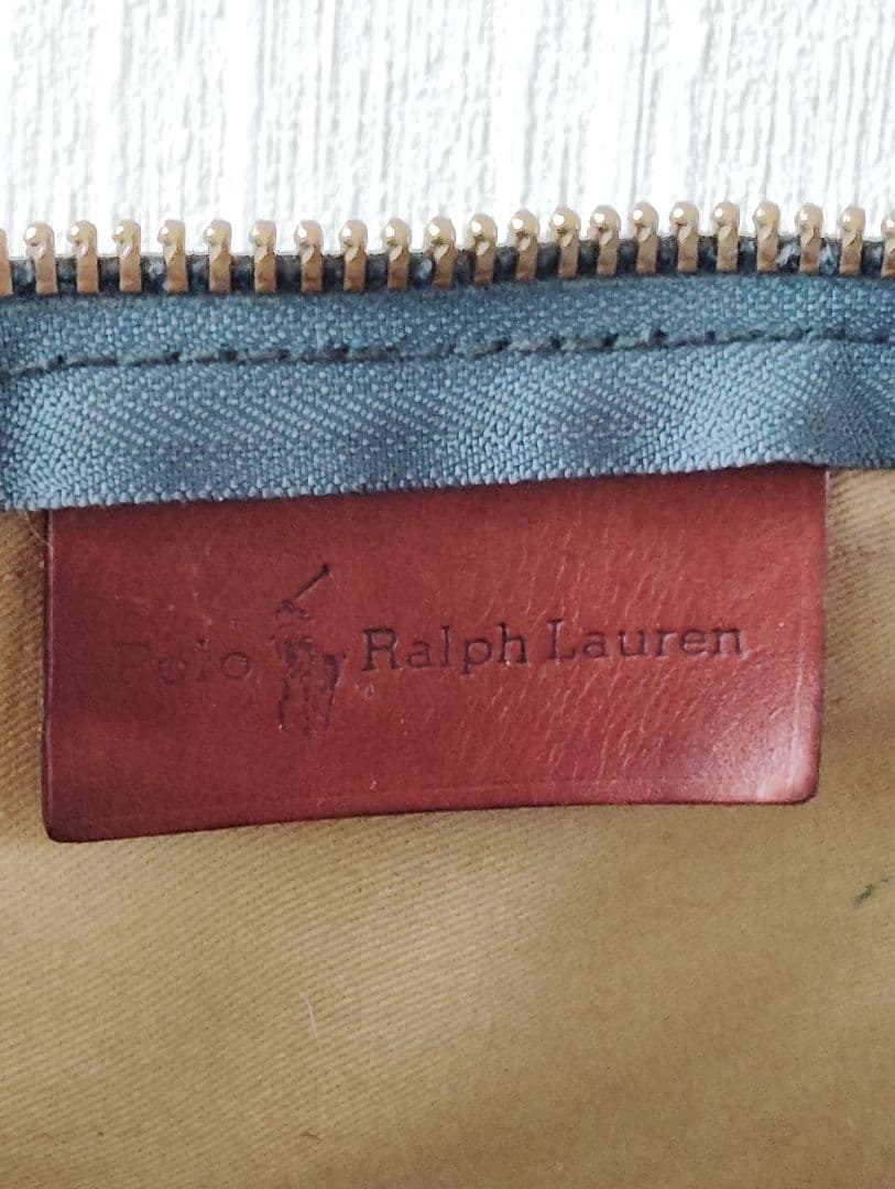 ポロ　ラルフローレン 　チェック柄　レザー　ボストンバッグ　Wファスナー