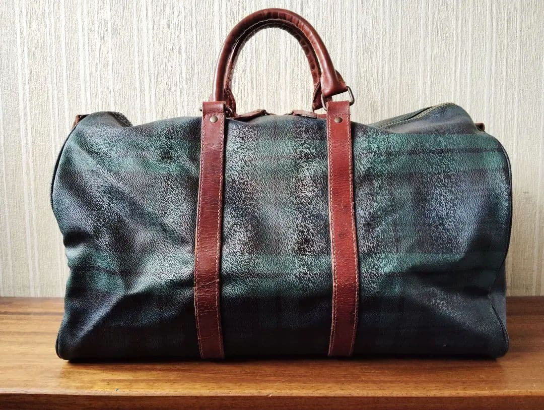 ポロ　ラルフローレン 　チェック柄　レザー　ボストンバッグ　Wファスナー