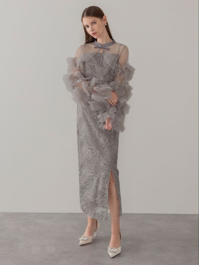 フリルチュールスリーブリボンIラインワンピースドレス結婚式パーティー二次会成人式