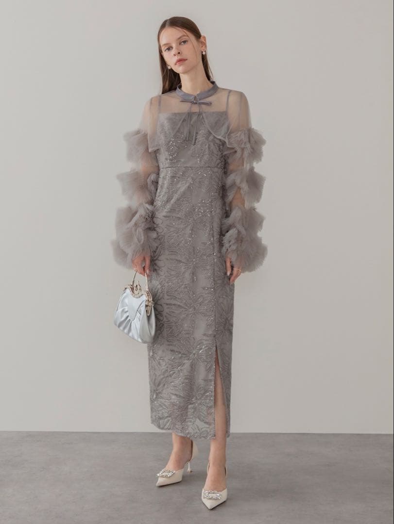 フリルチュールスリーブリボンIラインワンピースドレス結婚式パーティー二次会成人式