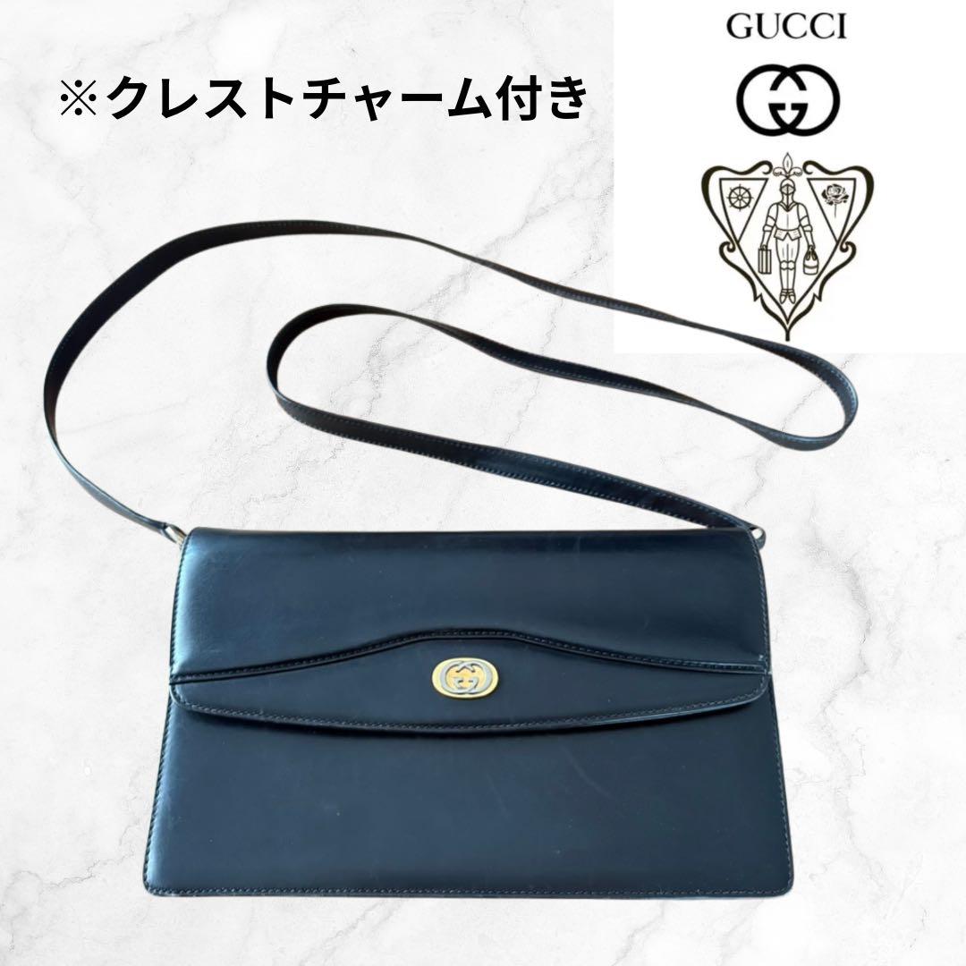 【希少】 グッチ 紋章 クレストチャーム ショルダーバッグ クラッチ 黒