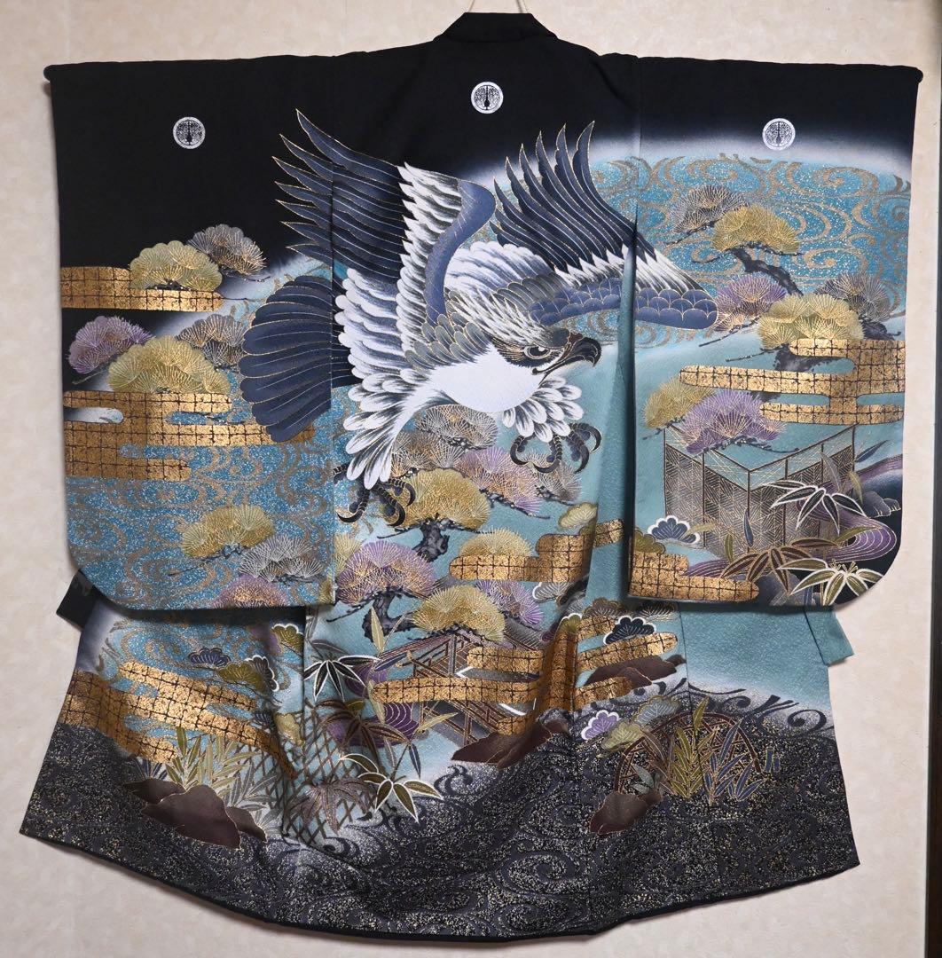 お宮参り 男の子 産着 祝着 正絹 七五三 鷹（長襦袢・帽子・涎掛け付）美品