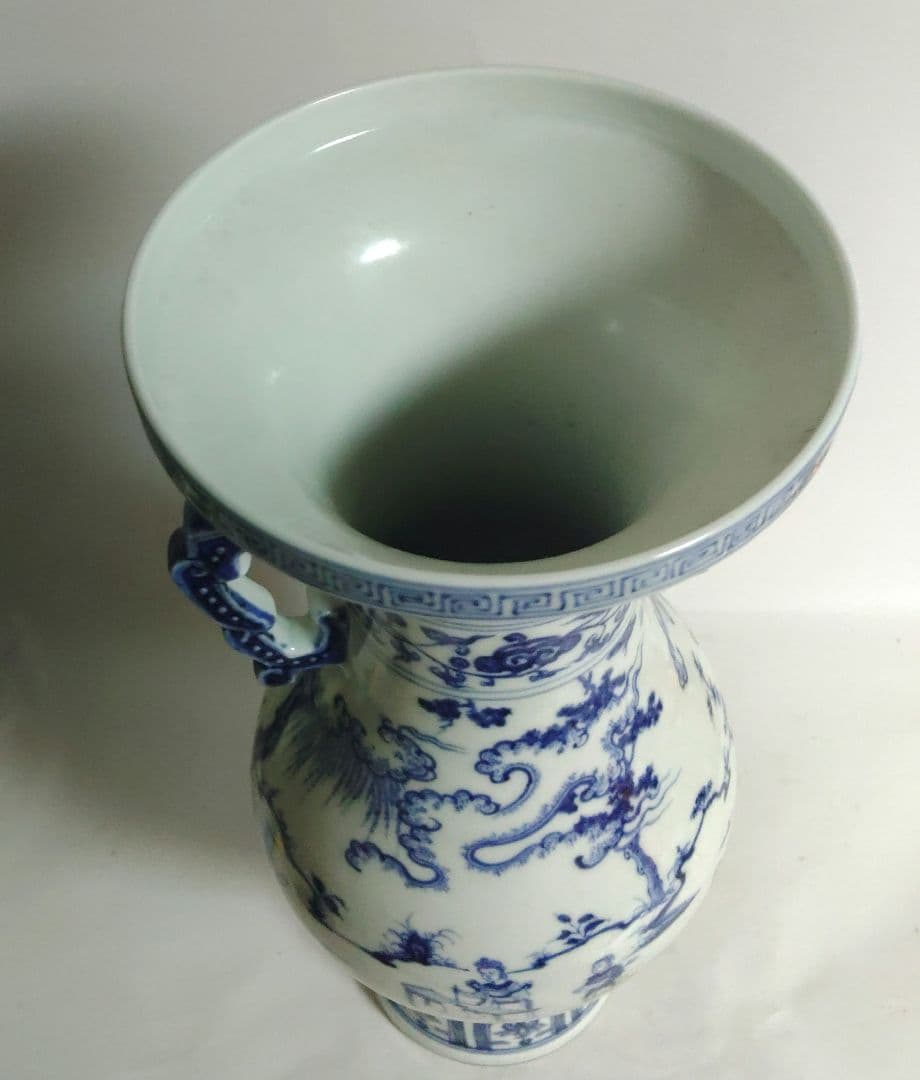 大明弘治年製　壺　花入　染付　中国　双耳盤口瓶　清朝　高さ約35.5cm