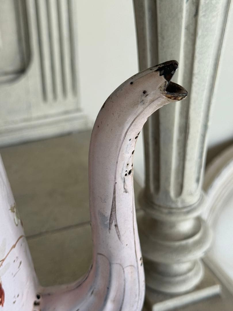 フランスアンティーク薄ピンクバンドペイントのお花柄ホーローコーヒーポット