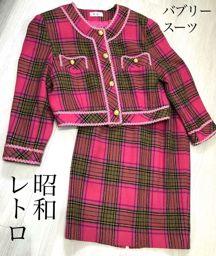 バブリースーツ セットアップ ピンク チェック 昭和レトロ 金ボタン