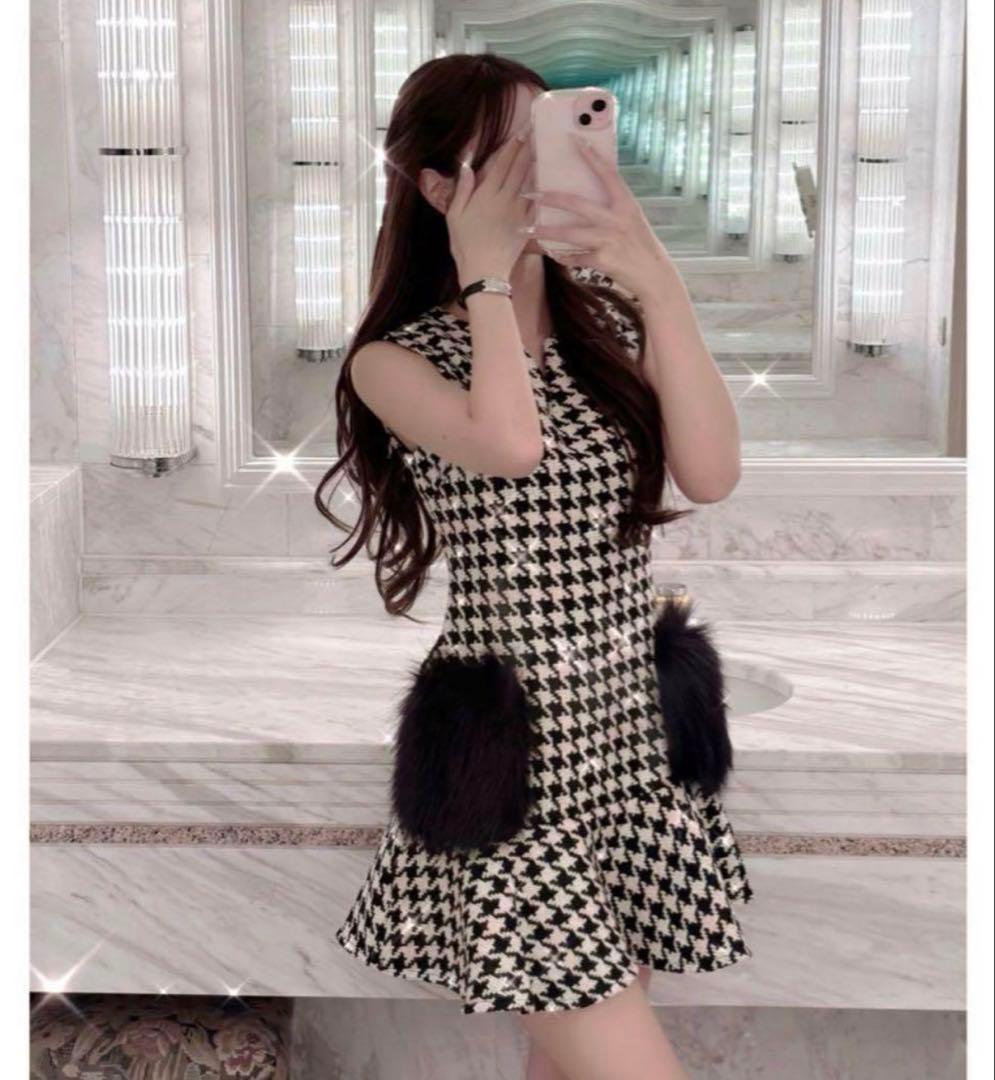 ルミニョン 千鳥柄 チェック ノースリーブワンピース Mサイズ