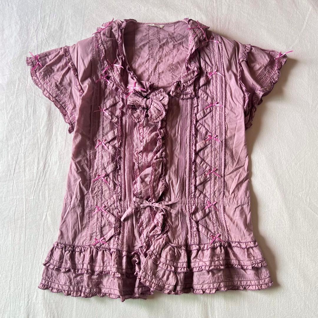 【高級】PINK HOUSE ピンクハウス カットソー 半袖 フリル パープル