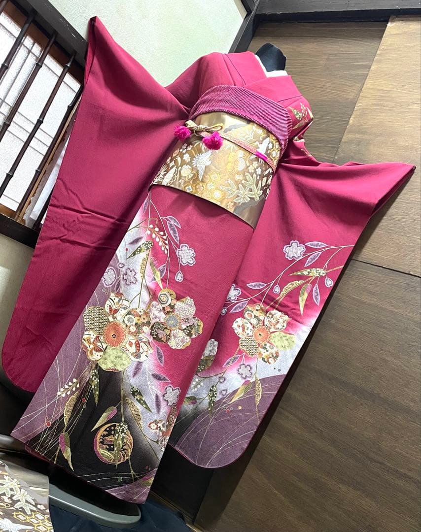 振袖 フルセット6点サイズM〜Ｌ刺繍　吉祥花蝶文　暈し染め　金糸　金彩　正絹