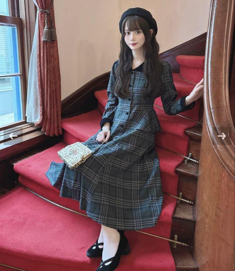 【新品】別珍ラペルペプラムチェックワンピース グリーン