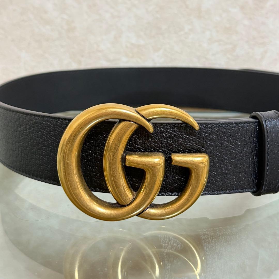 【Gucci/グッチ】箱&ポーチ付き ダブルG スリムベルト ゴールド レザー