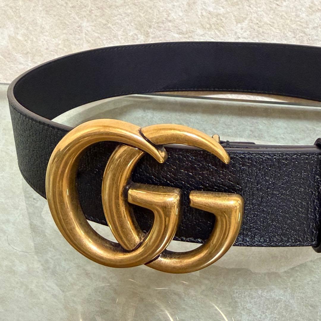 【Gucci/グッチ】箱&ポーチ付き ダブルG スリムベルト ゴールド レザー