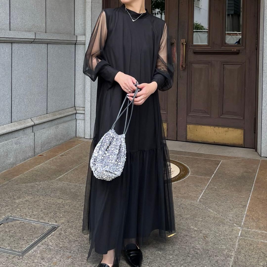 オケージョン　チュールワンピース シースルー袖ロングワンピース　ブラック