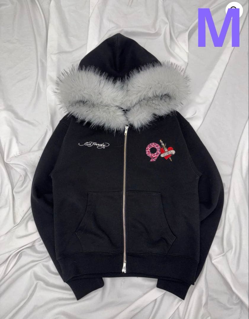 girl×Ed Hardy 90 Logo Fur Zip Hoodie