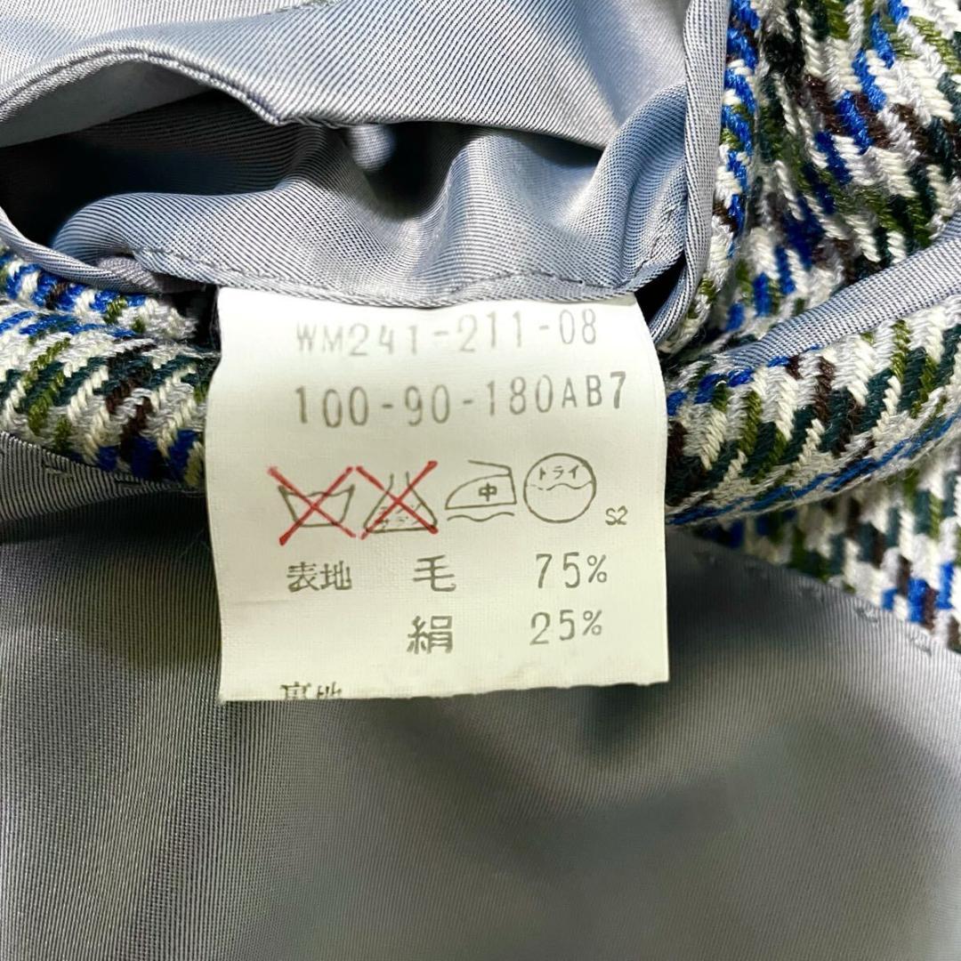 XL相当　バーバリー　カシミヤ　テーラードジャケット　千鳥格子柄　ブルーグリーン