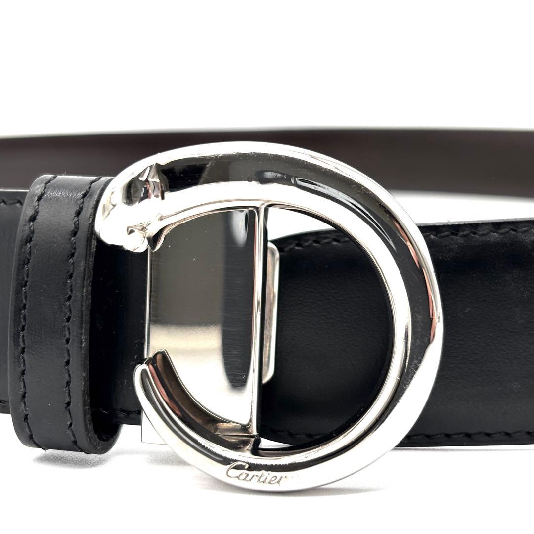 美品 カルティエ リバーシブル ベルト パンテール ロゴ金具 レザー 黒 茶