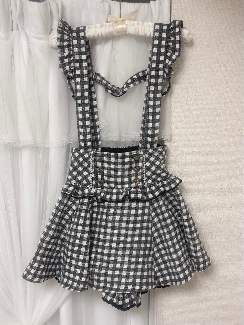 LIZLISA ギンガムツイードサスペンダー付スカパン ブラック