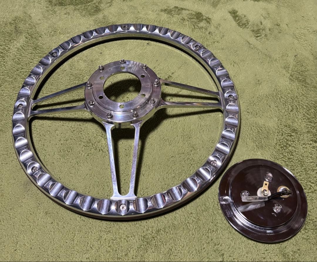 ビレットステアリング ブラウンレザー ホーンボタン付き 35cm 中古品 送料込