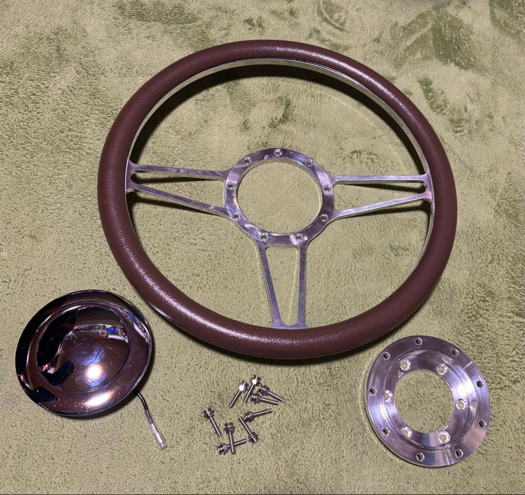 ビレットステアリング ブラウンレザー ホーンボタン付き 35cm 中古品 送料込
