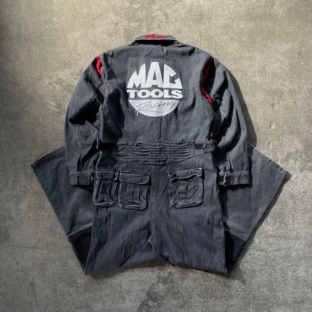 マックツール ブラックデニムオーバーオール つなぎ フルジップ 作業着 ロゴ刺繍