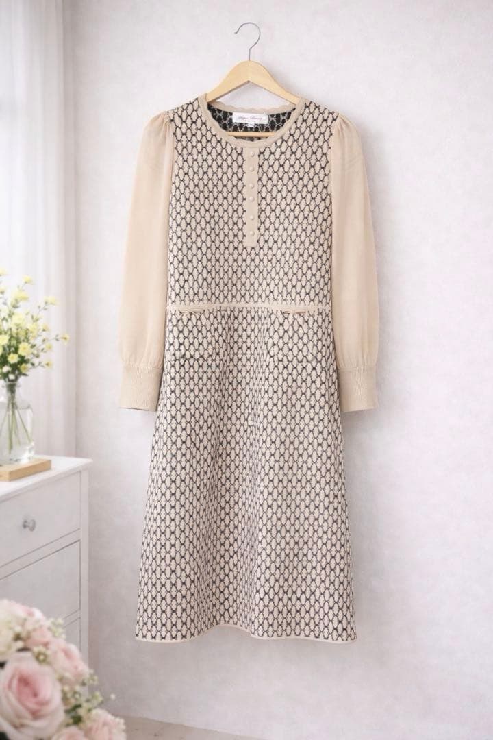 スーパービューティー⭐️ジャガード編み袖パワーネットニットワンピース 44