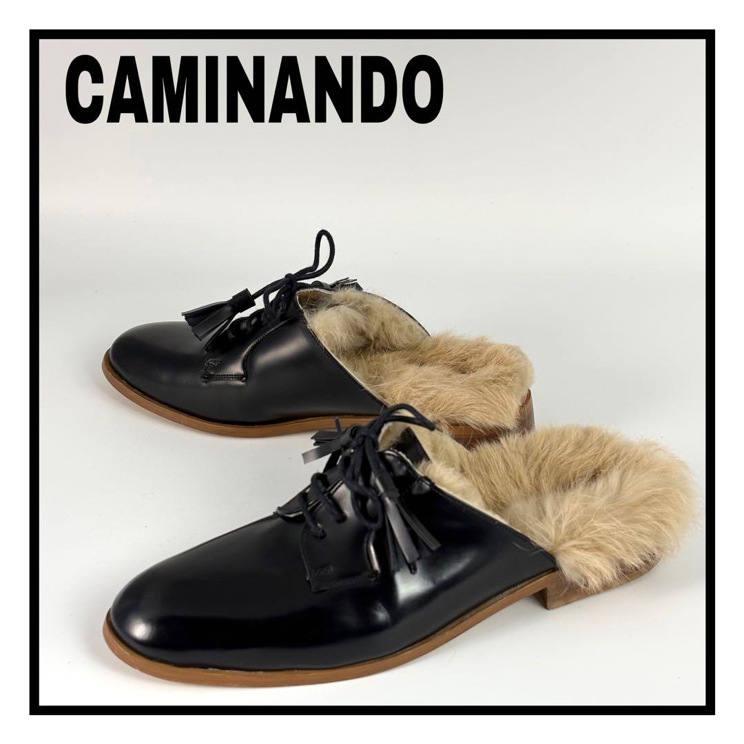 カミナンド ファー付き ミュール サンダル レースアップ ブラック 24cm