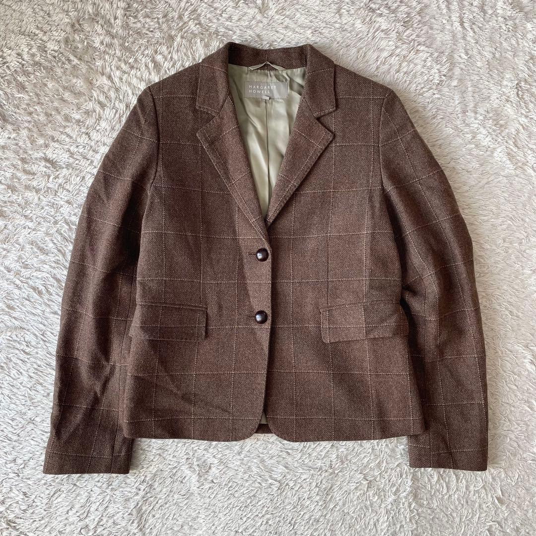 マーガレットハウエル 美品 ウールテーラードジャケット 3 茶色 チェック