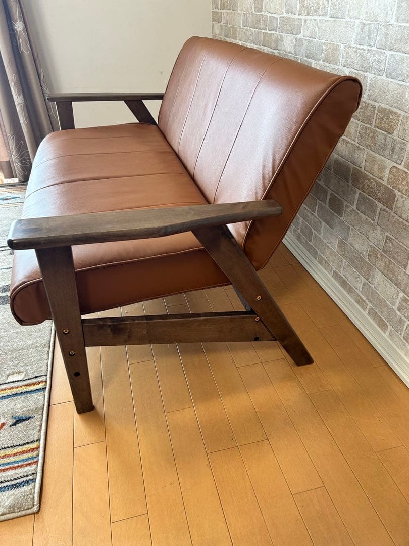 [ゆうき] ブラウン2人掛けソファ 合成皮革 木製フレーム