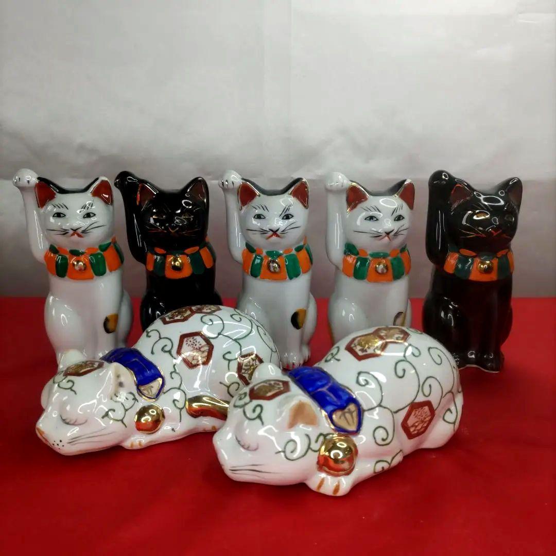 【猫づくし】招き猫　眠り猫　陶器　置物　開運　7体セット