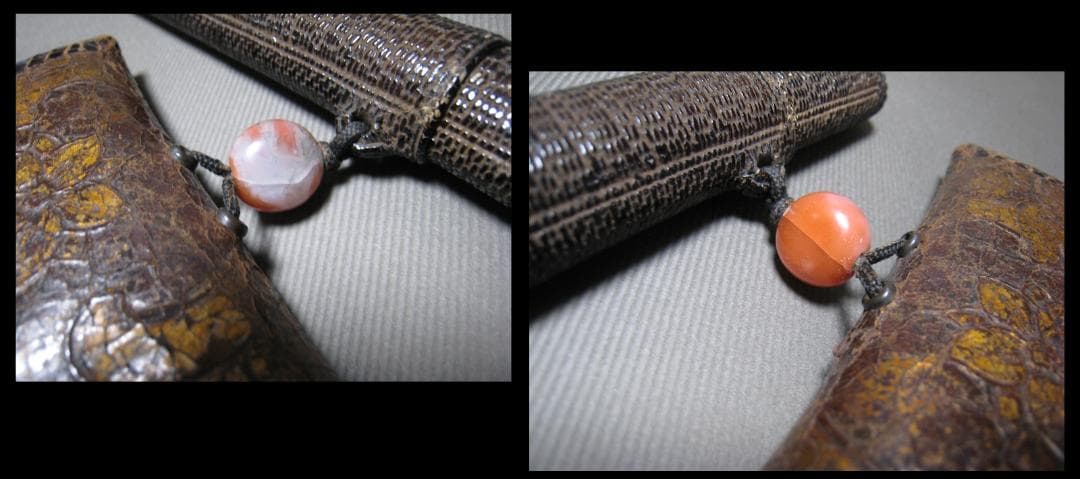 金唐革　花文　煙草入　煙管入　夫婦図　彫金　金具　瑪瑙　緒締　革製　提げ物　骨董