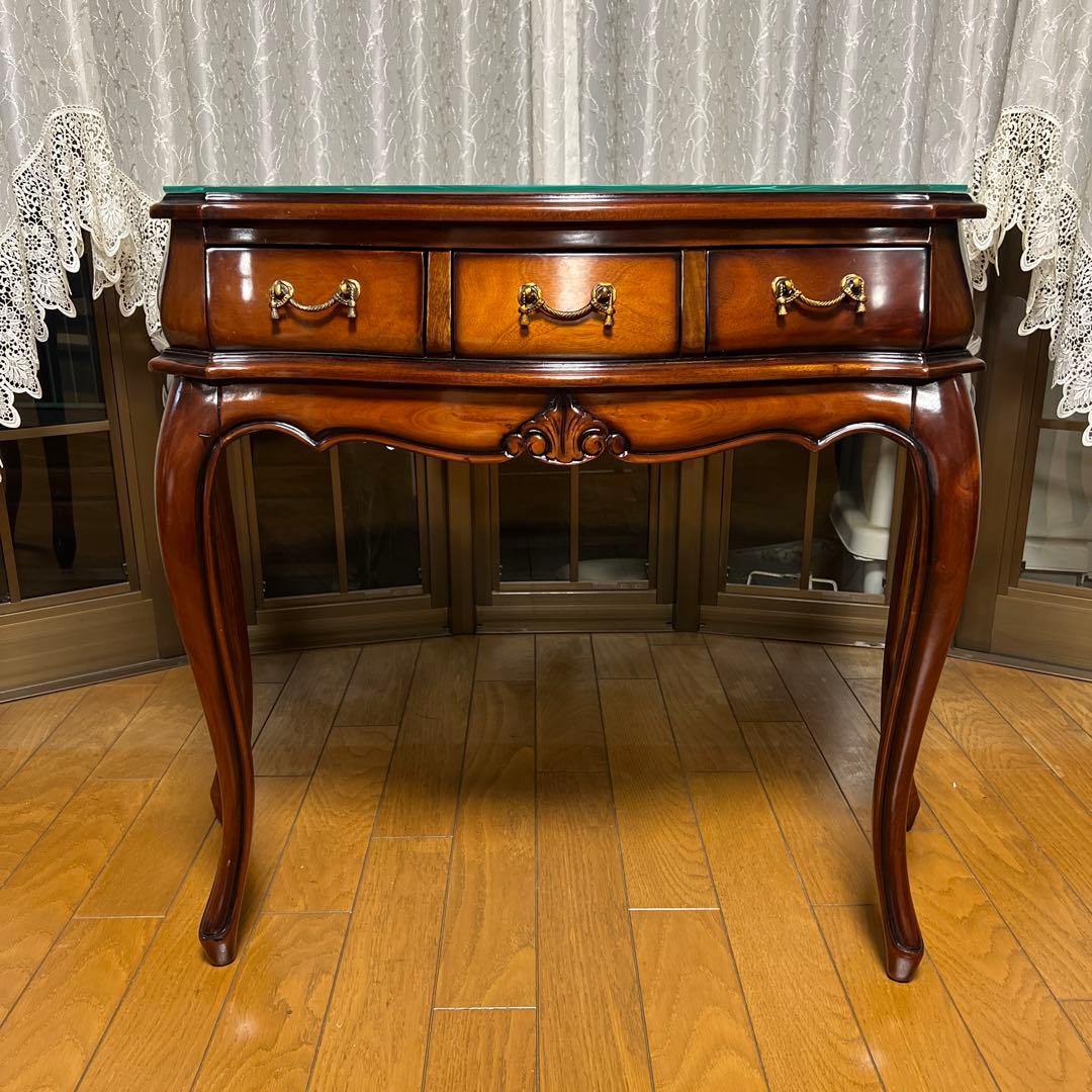 クラシック木製サイドテーブル 引き出し付き 猫脚 ガラストップ