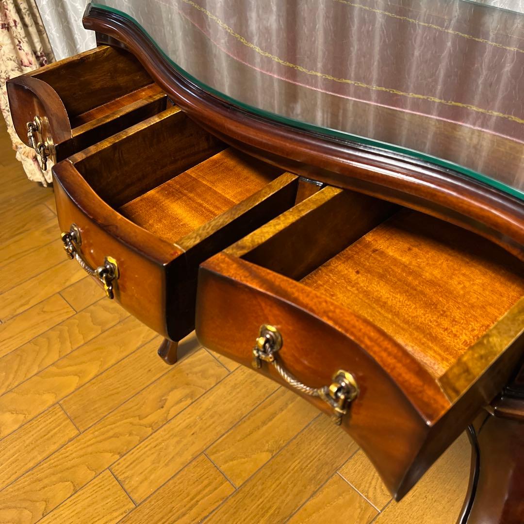 クラシック木製サイドテーブル 引き出し付き 猫脚 ガラストップ