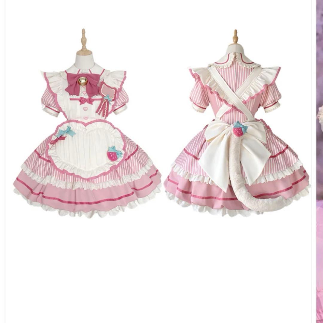 【Lサイズ】Belchic サクラピンクガーリーバブルロリータドレス+エプロン