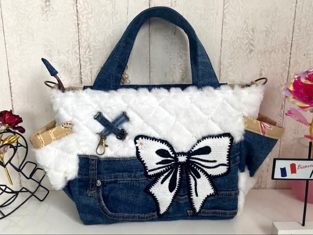 デニムリメイクバックS パール付きフワモコ×うさぎ