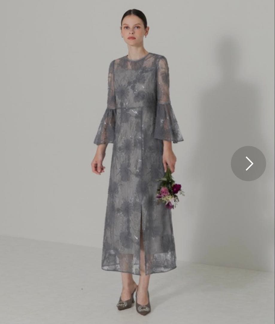 leja スパンコールレーススリーブ ラインロングワンピースドレス