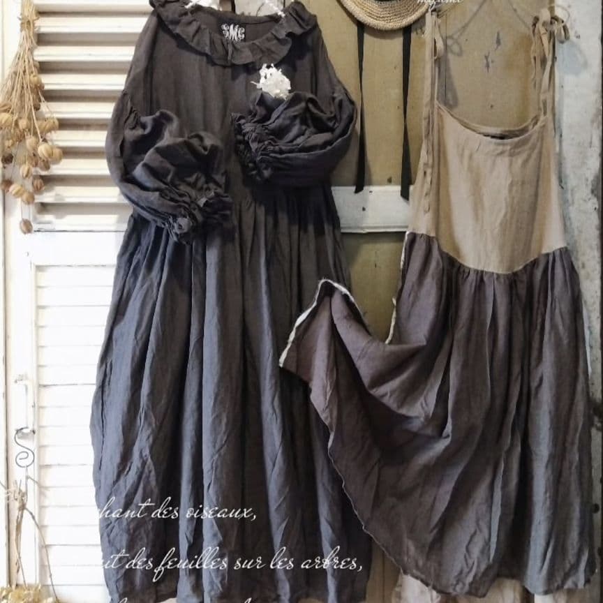 ハンドメイド作家さま☆リネン ドロップショルダーボリュームpuffワンピース