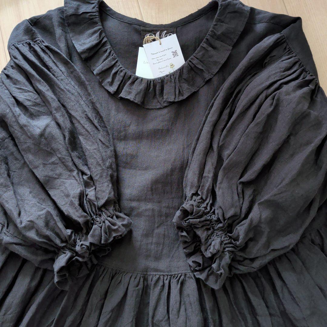 ハンドメイド作家さま☆リネン ドロップショルダーボリュームpuffワンピース